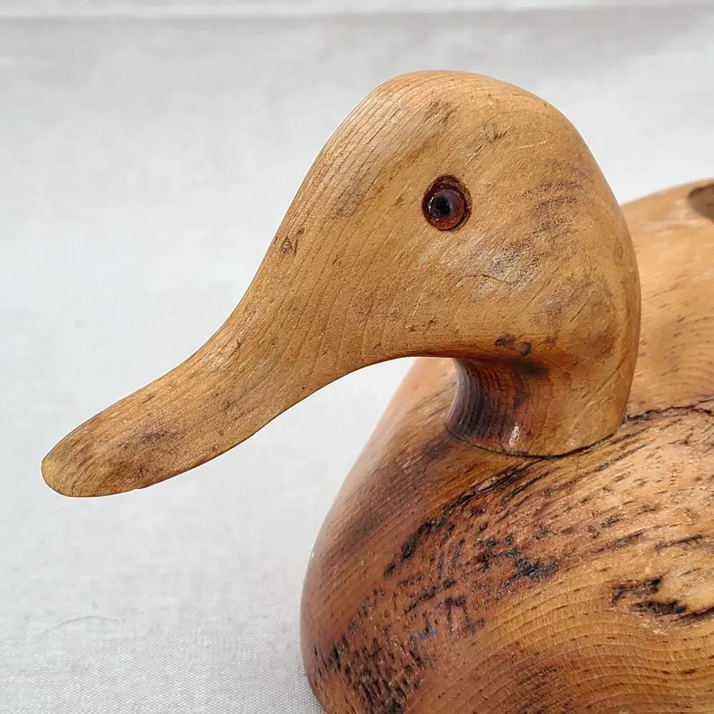 Vintage Rustic Wooden Decoy Duck Candle Holder handmade carved Cabin Decor